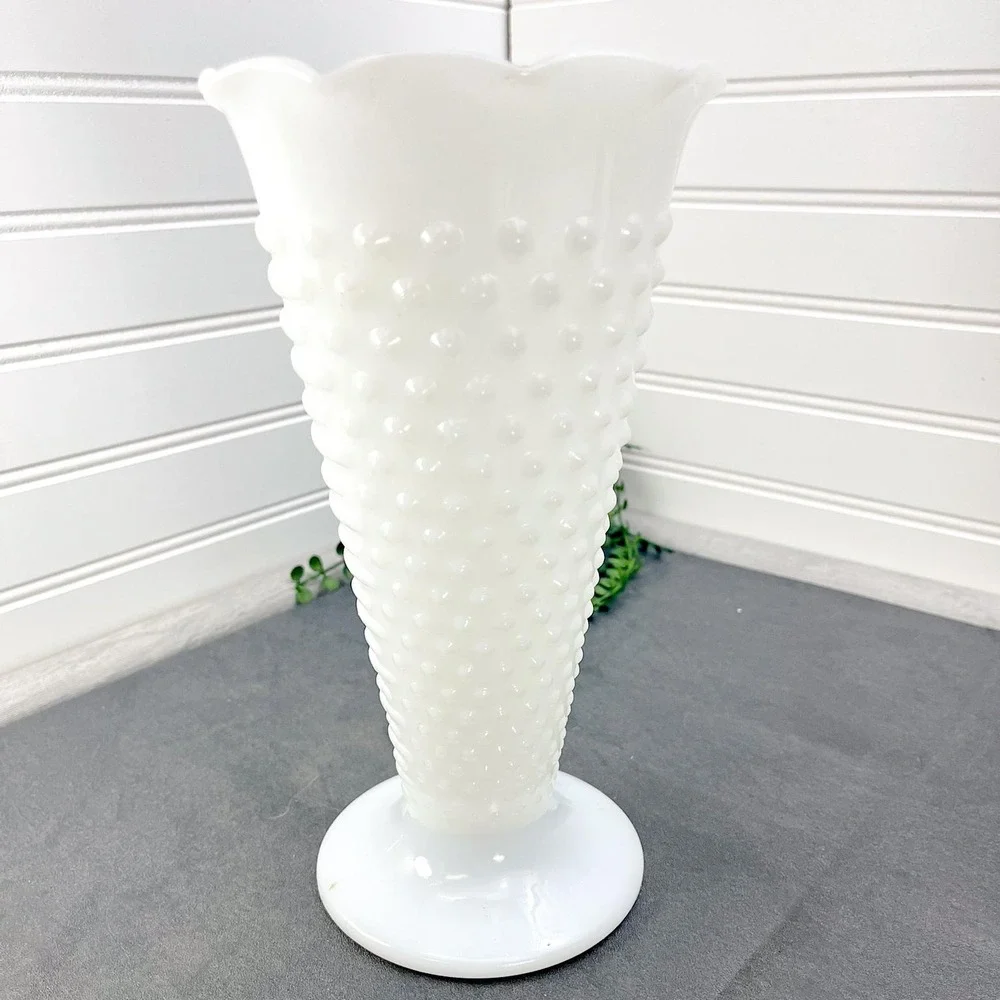 Vintage Anchor Hocking Hobnail Milk Glass Vase - Pedestal Planter